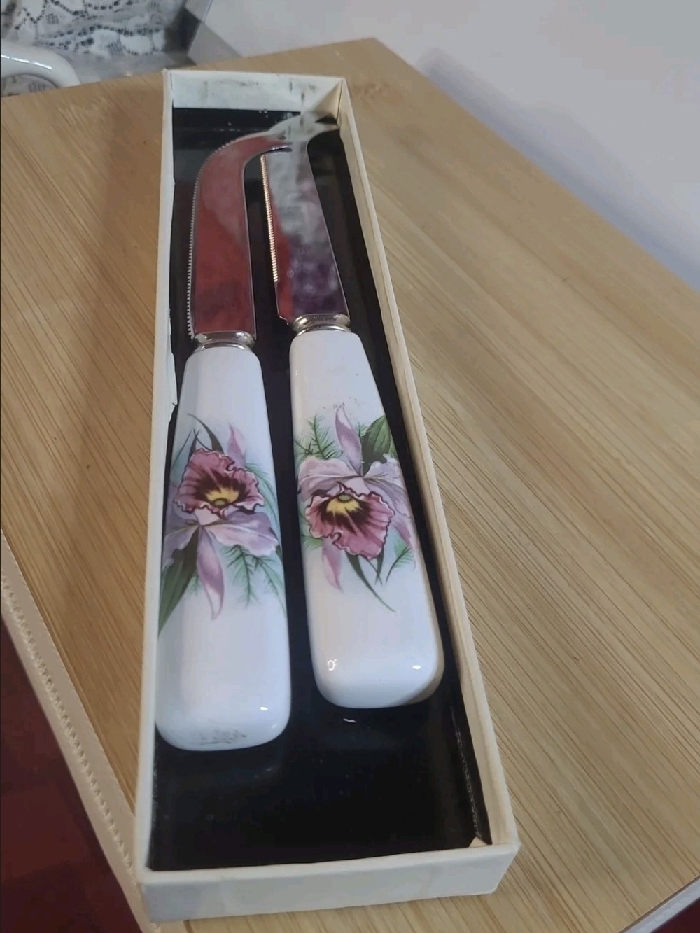 Vintage Sheffield Ceramic Cheese Knife Spreader Set Pink Orchid